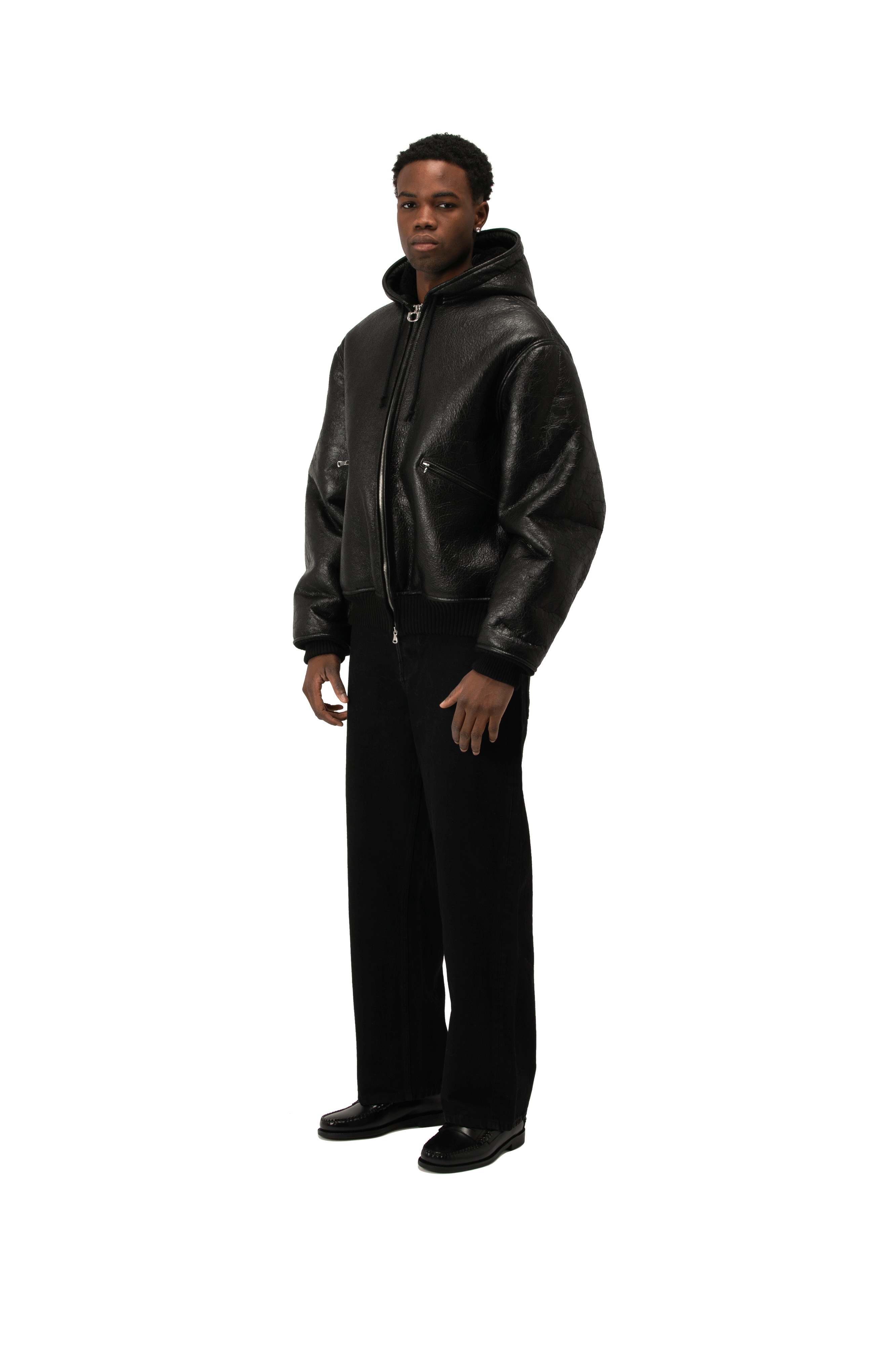 Textured Sheepskin Leather Zip-Up Hoodie