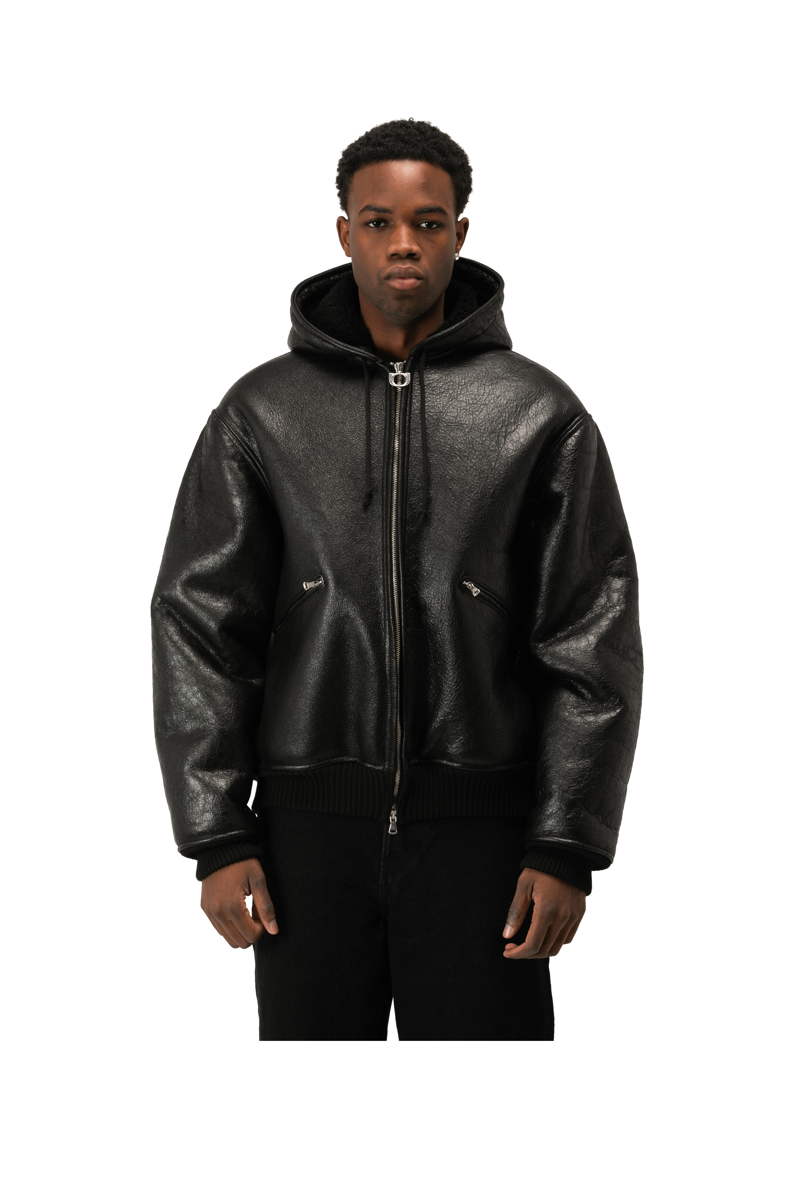 Textured Sheepskin Leather Zip-Up Hoodie