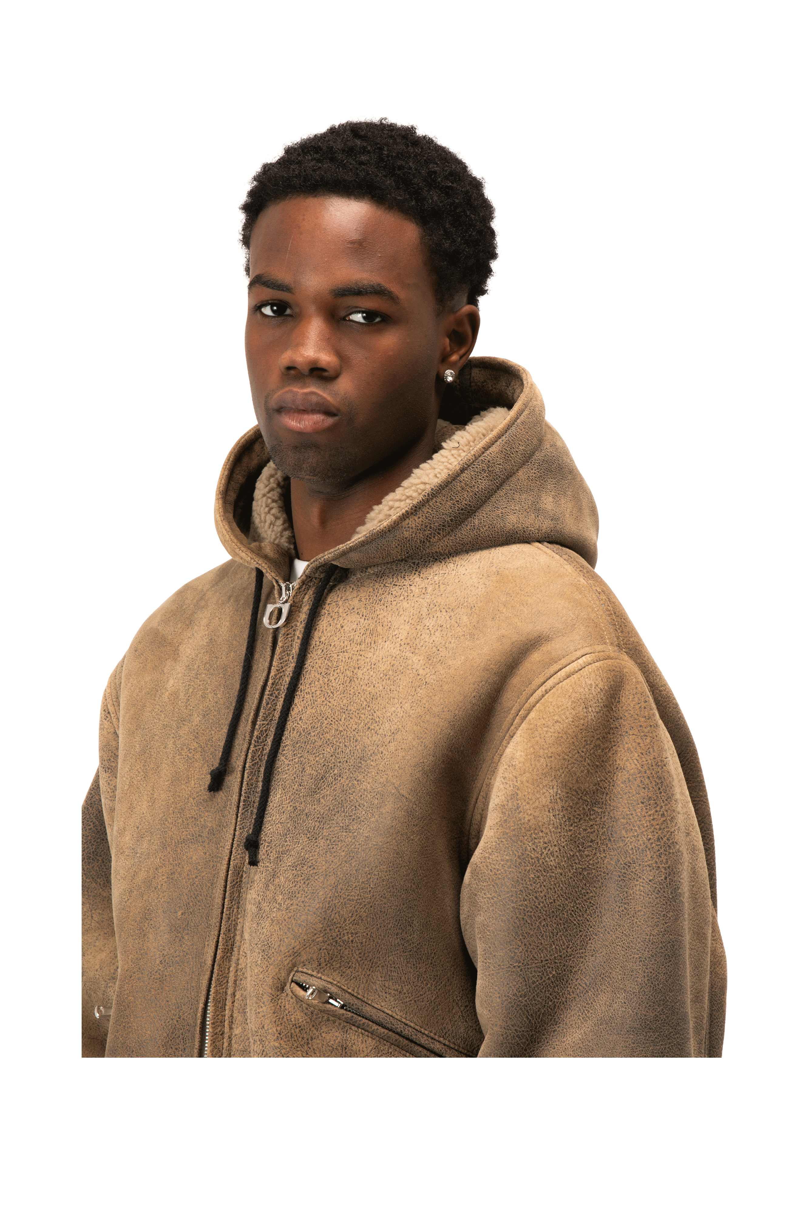 Textured Sheepskin Leather Zip-Up Hoodie
