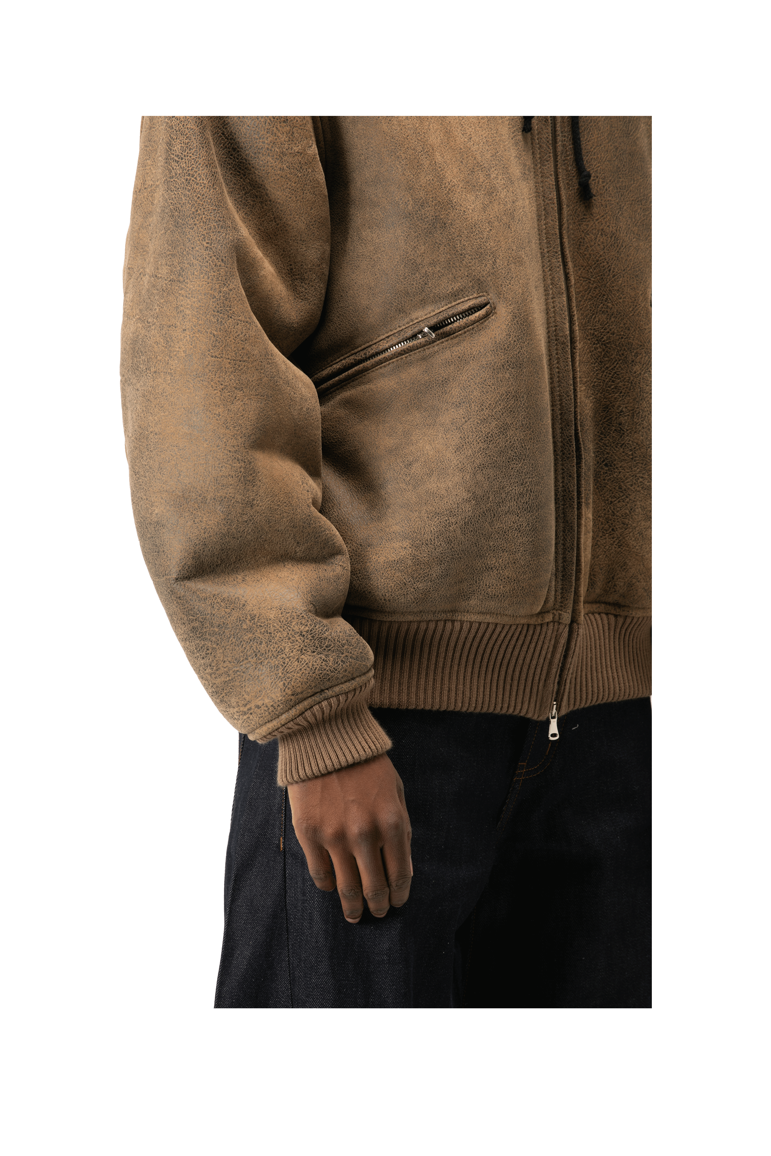 Textured Sheepskin Leather Zip-Up Hoodie