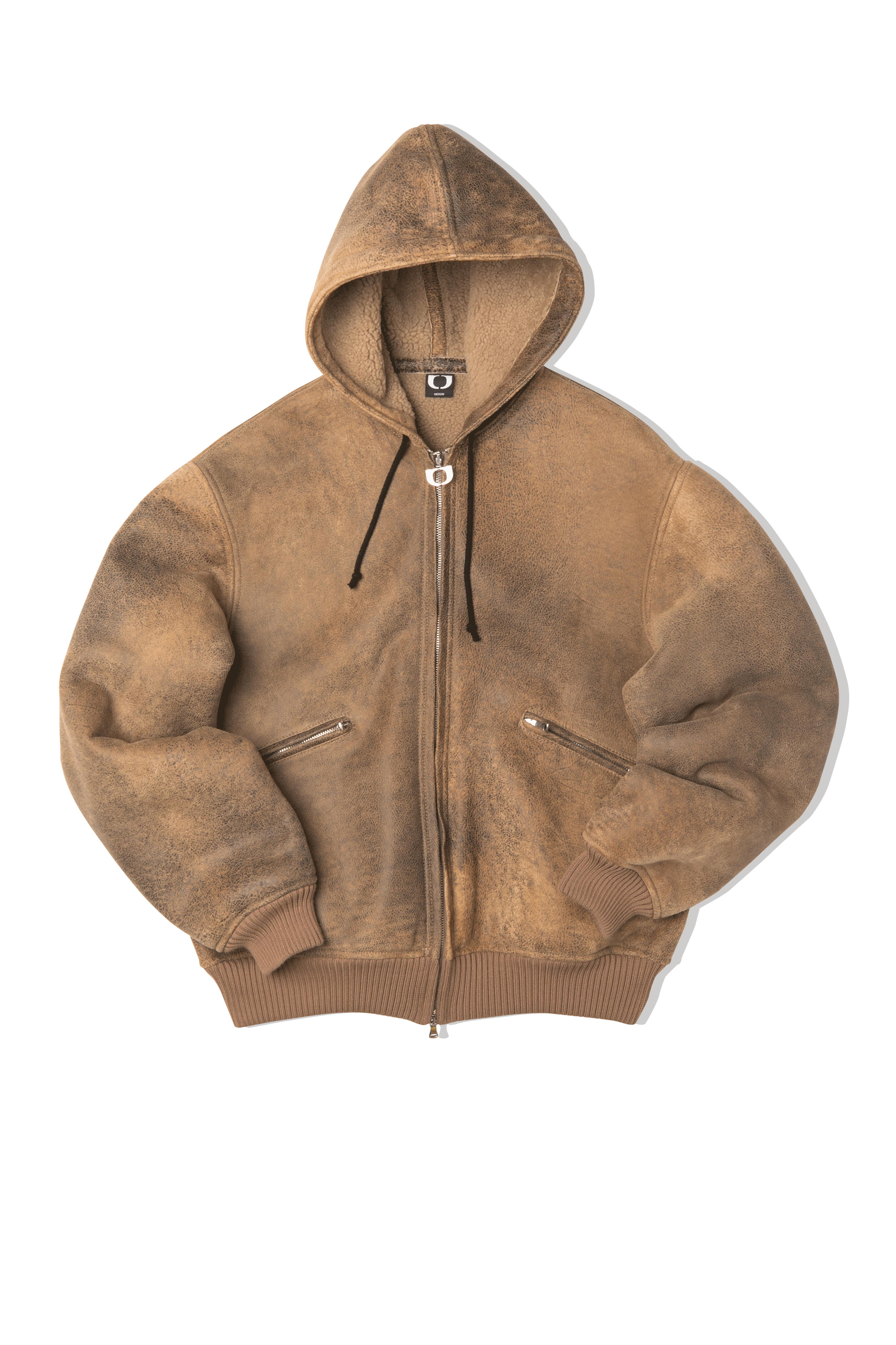 Textured Sheepskin Leather Zip-Up Hoodie