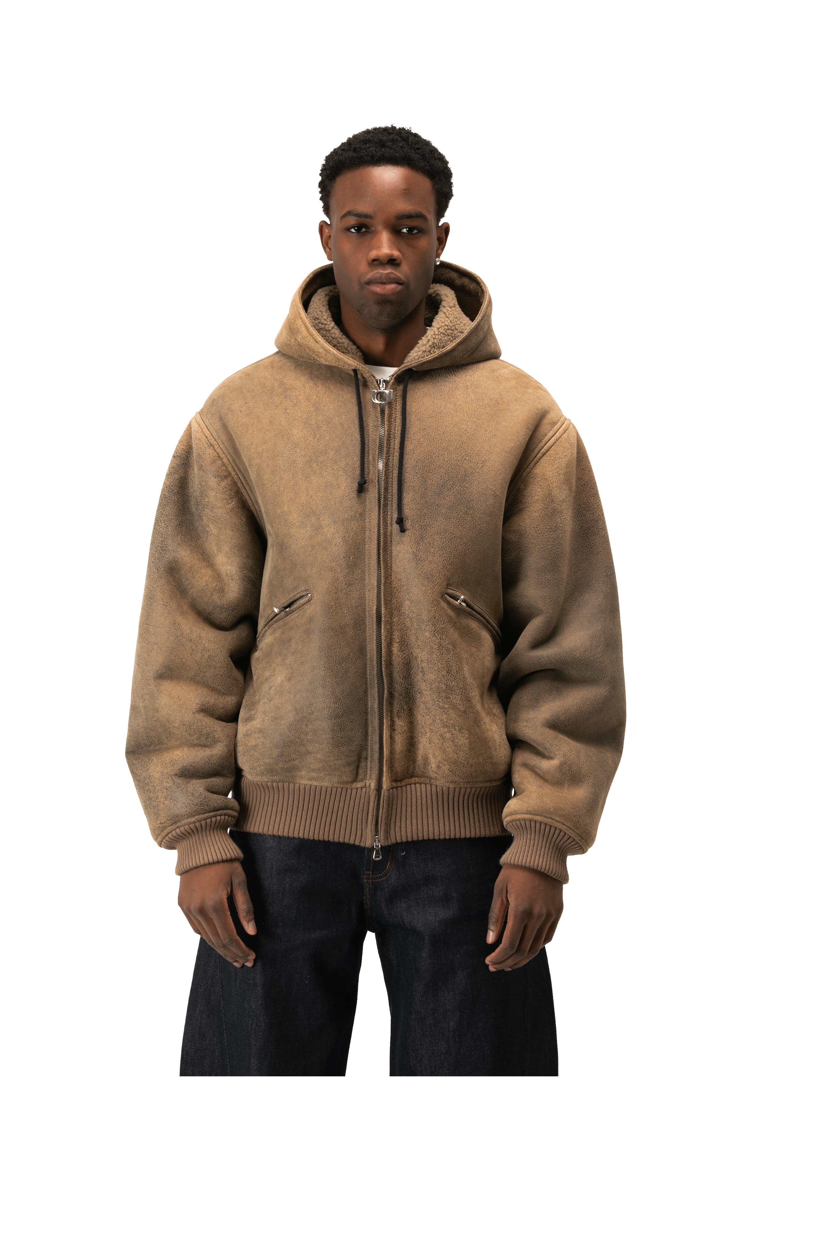 Textured Sheepskin Leather Zip-Up Hoodie