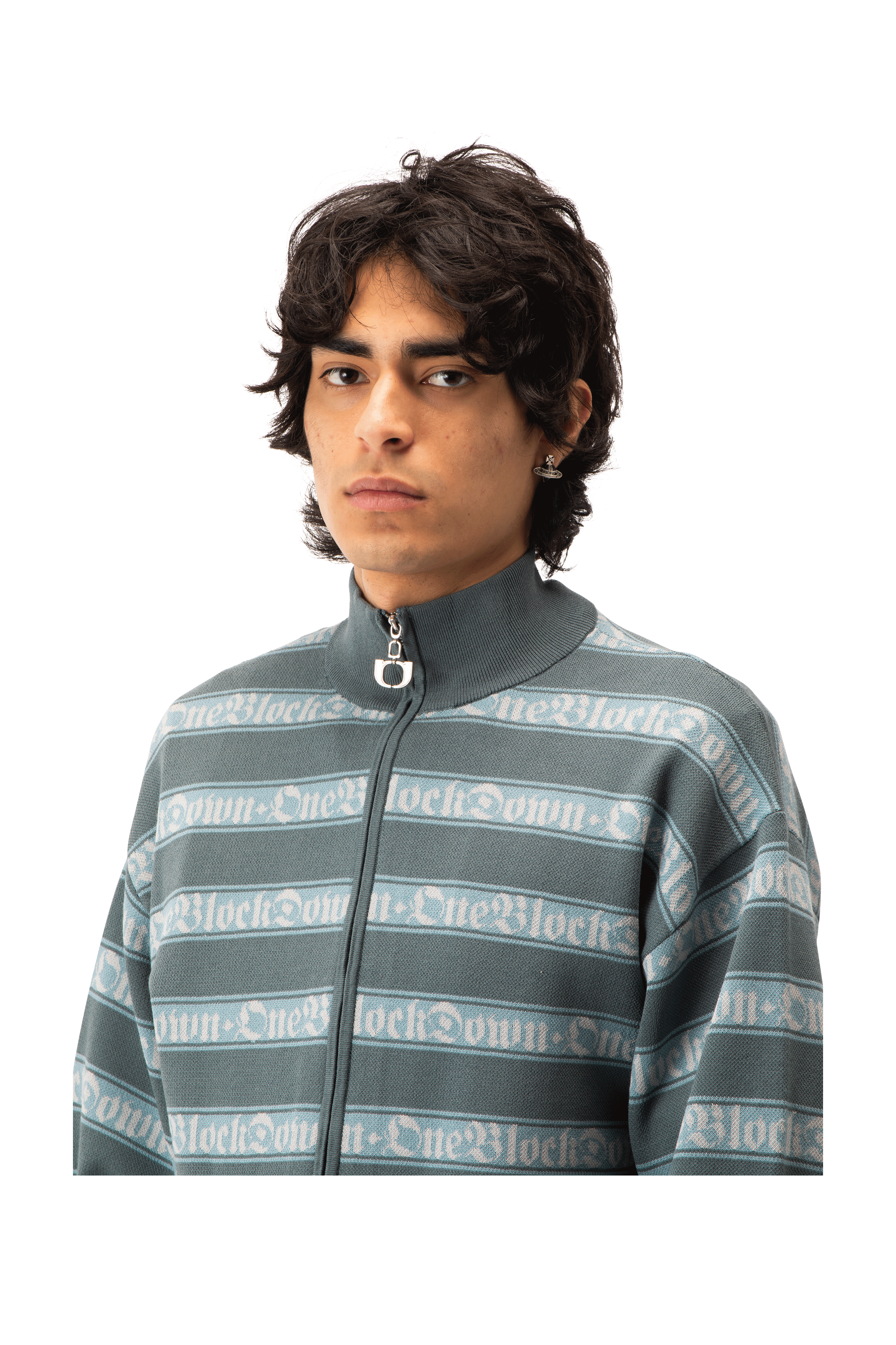 Jacquard Logo Stripe Zip-Up Knitted Jacket