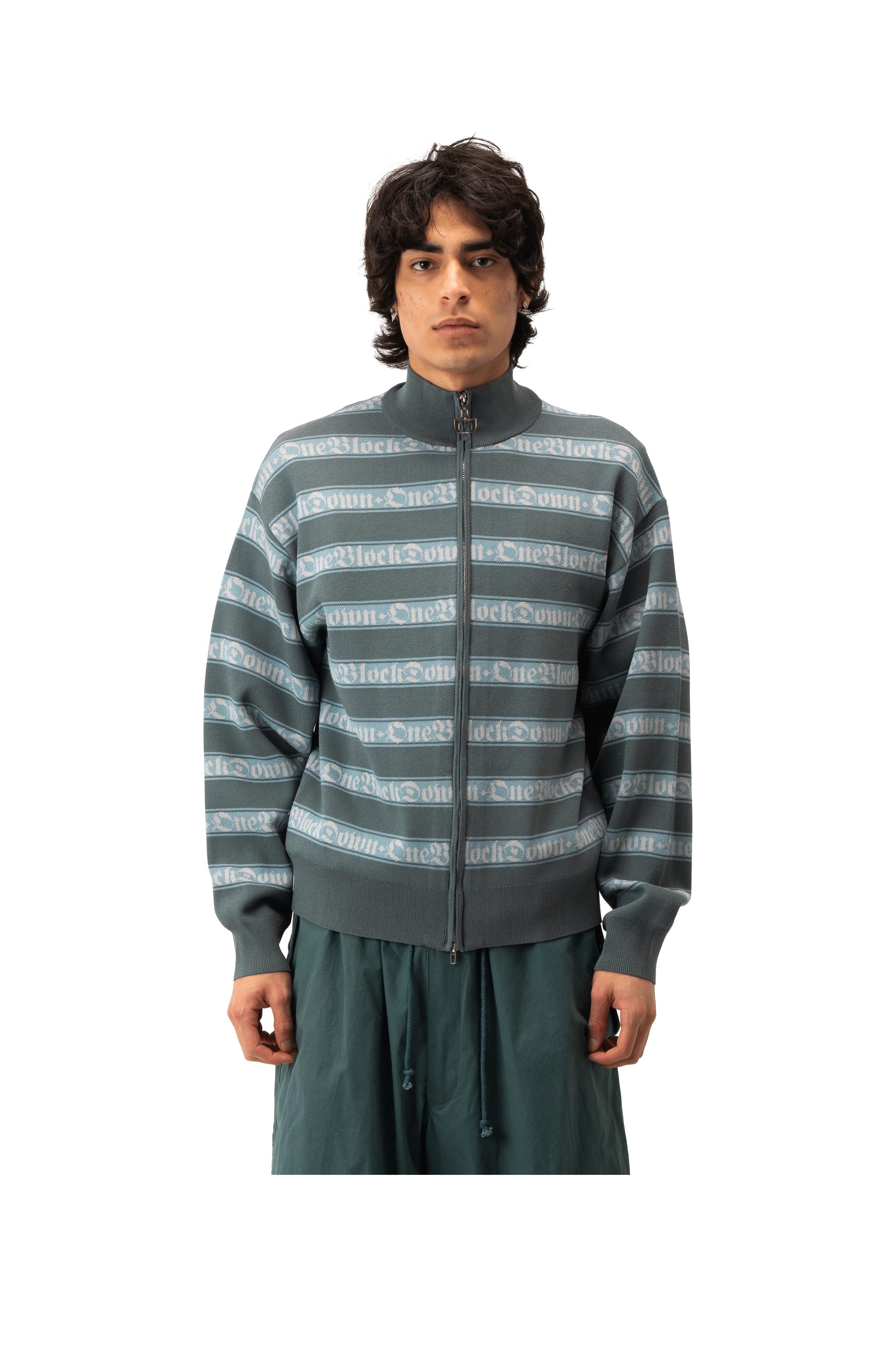 Jacquard Logo Stripe Zip-Up Knitted Jacket