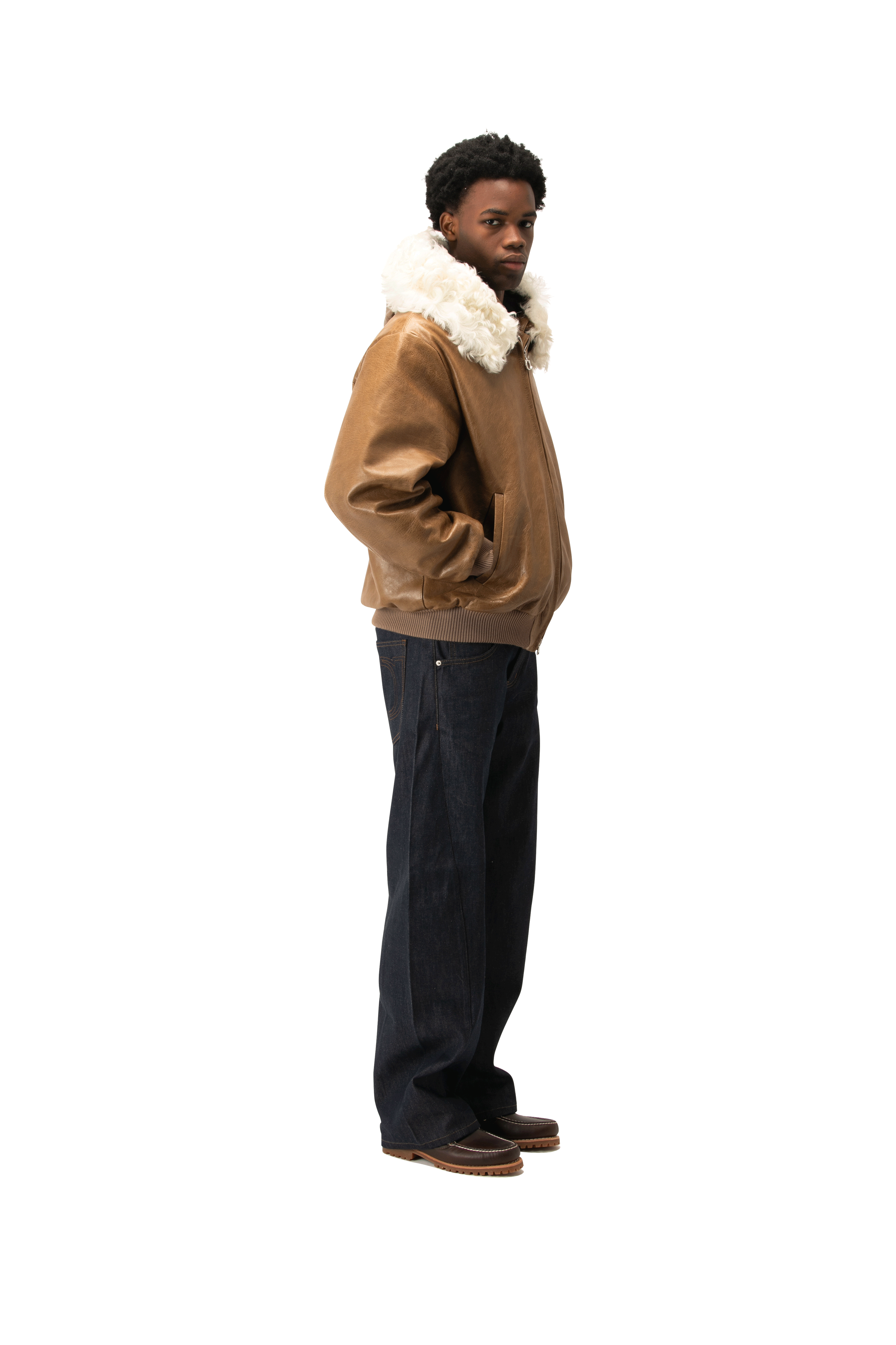 Pull-Up Leather Zip-Up Padded Hoodie