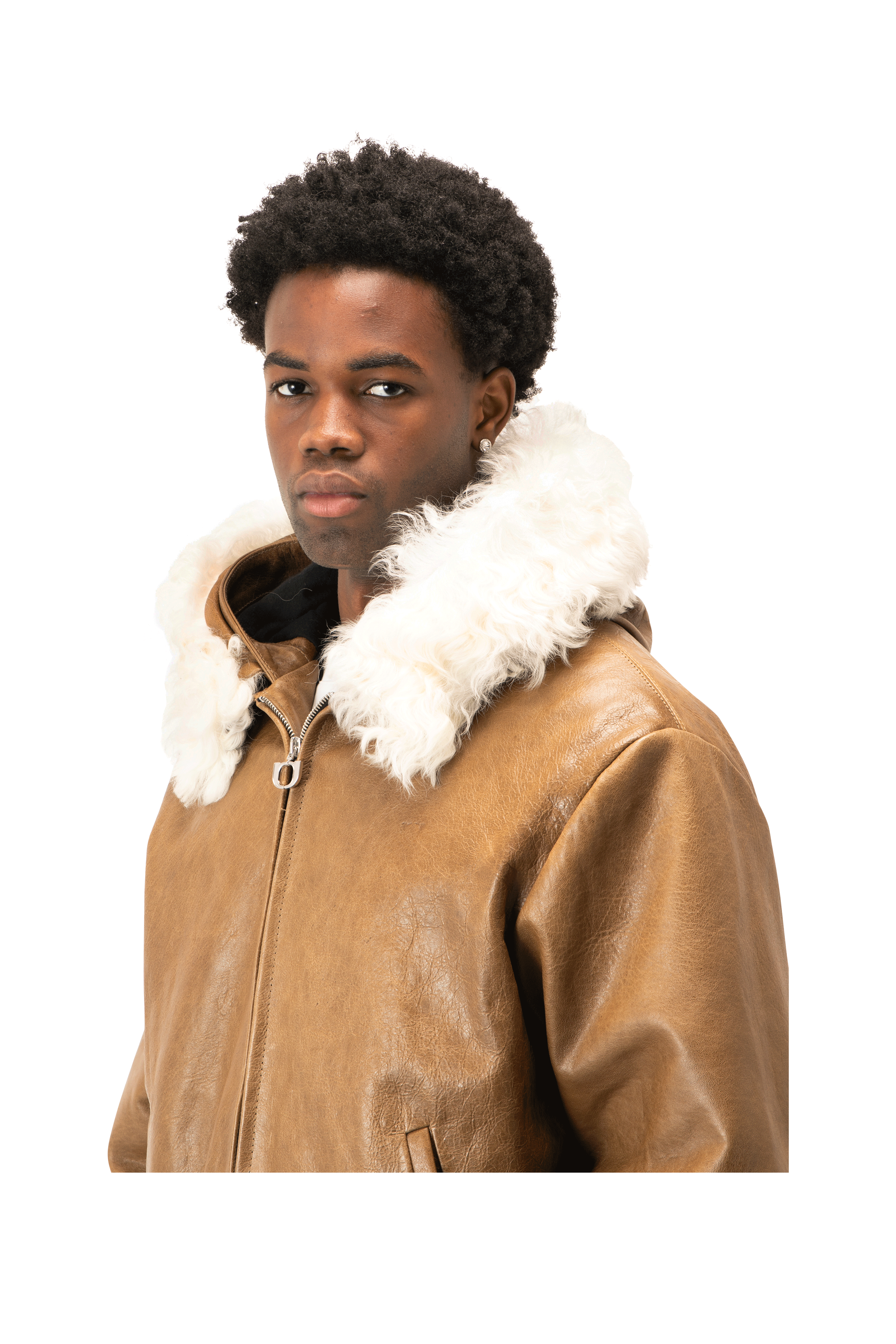 Pull-Up Leather Zip-Up Padded Hoodie