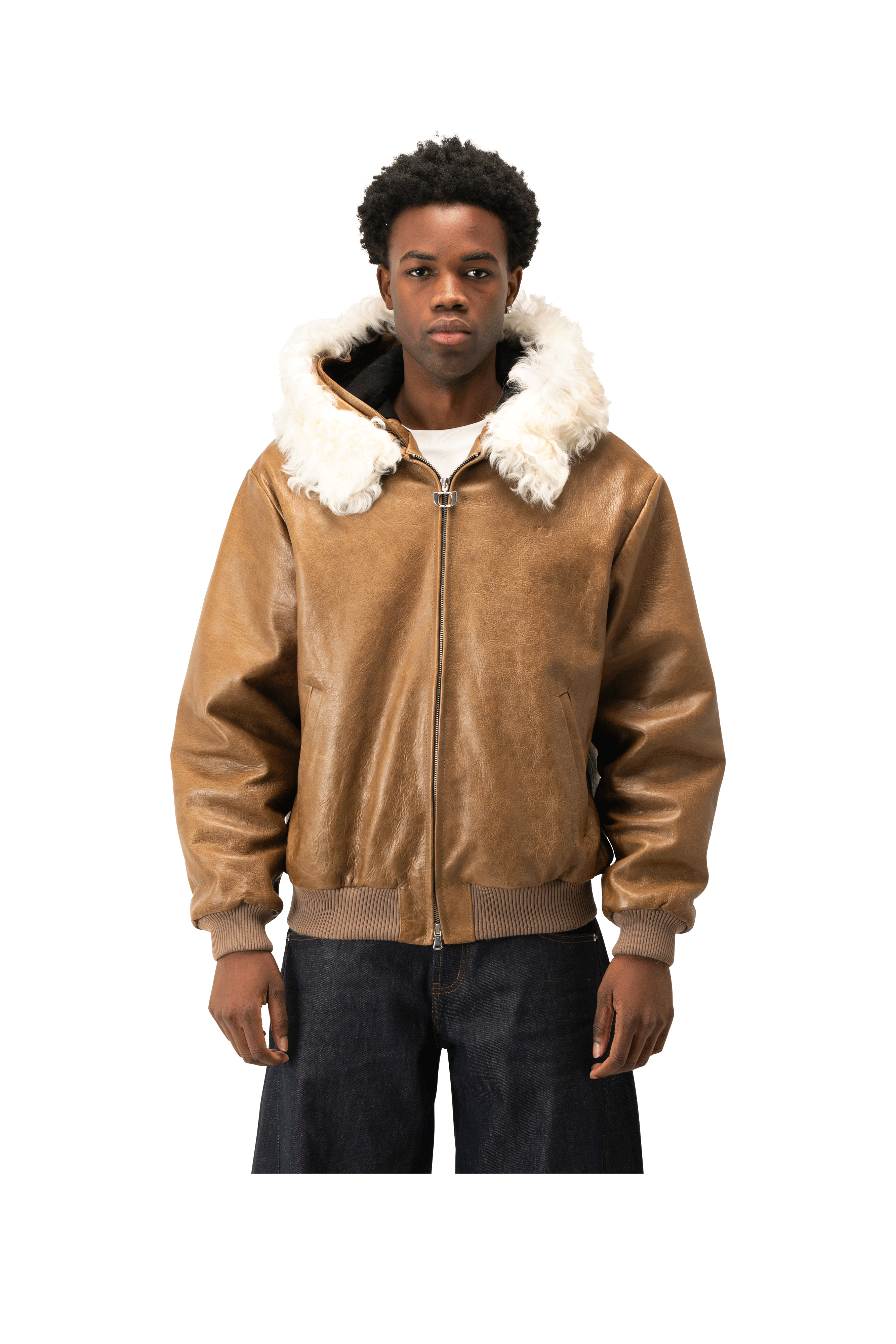 Pull-Up Leather Zip-Up Padded Hoodie