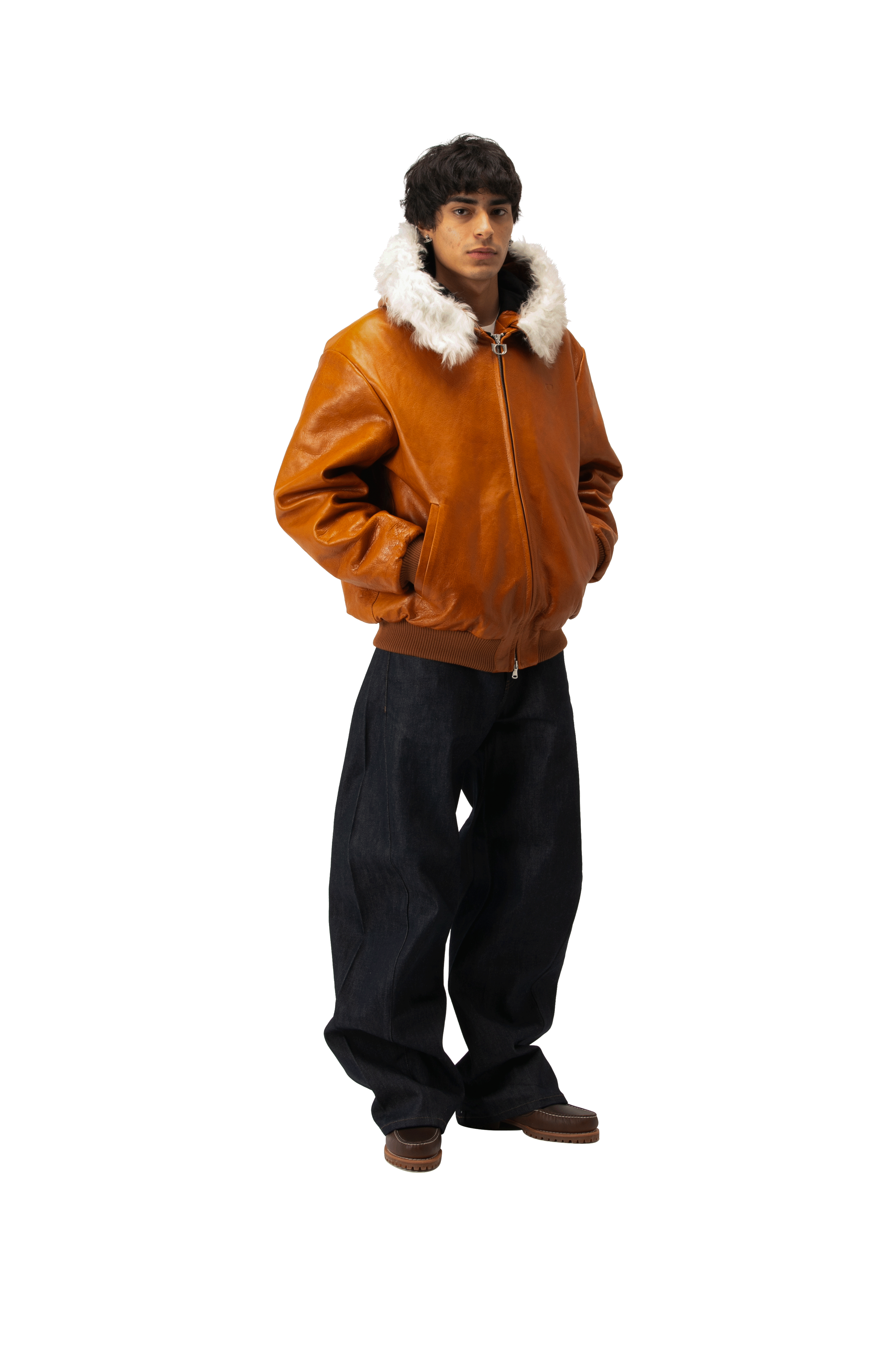 Pull-Up Leather Zip-Up Padded Hoodie