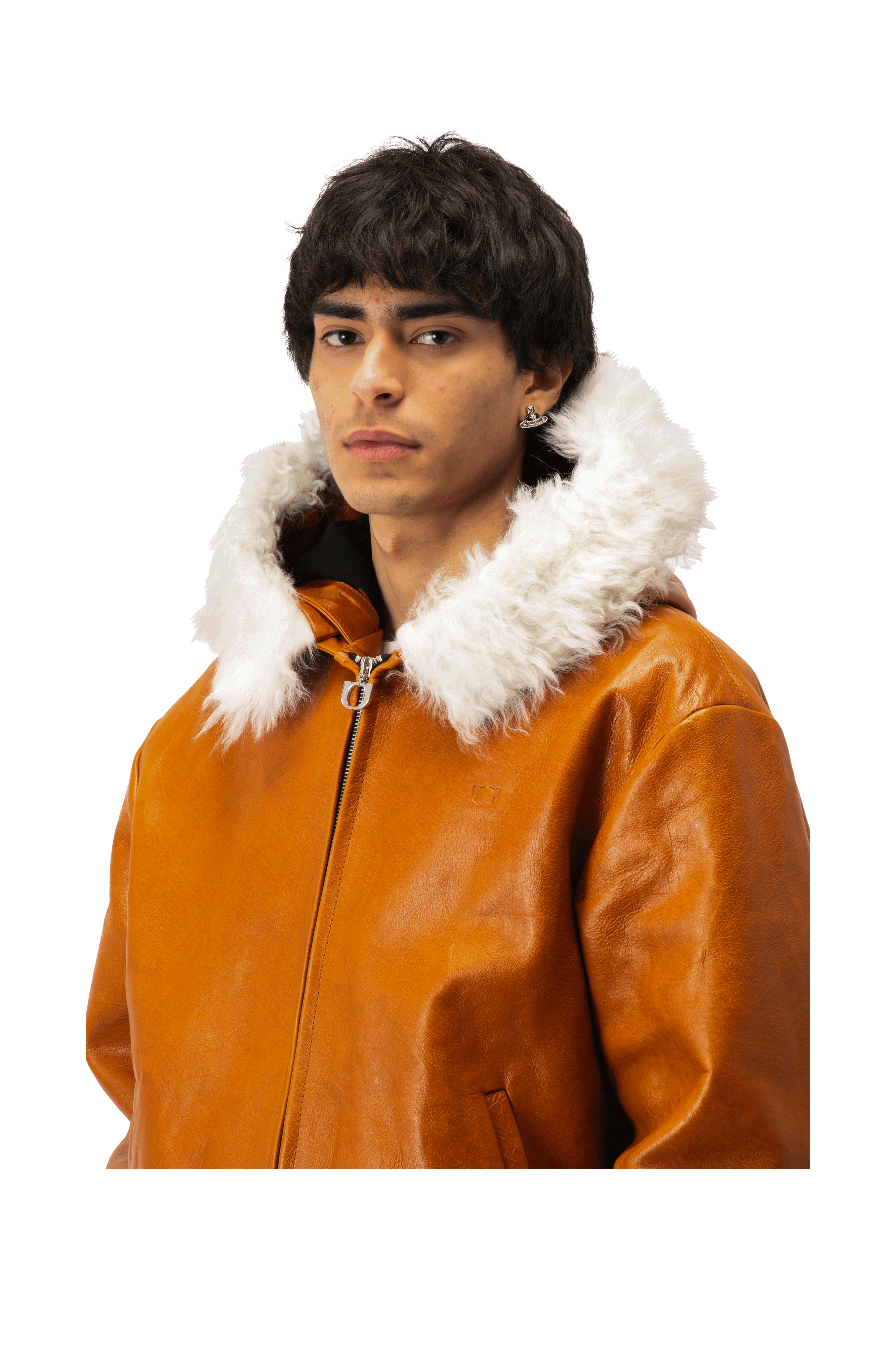 Pull-Up Leather Zip-Up Padded Hoodie