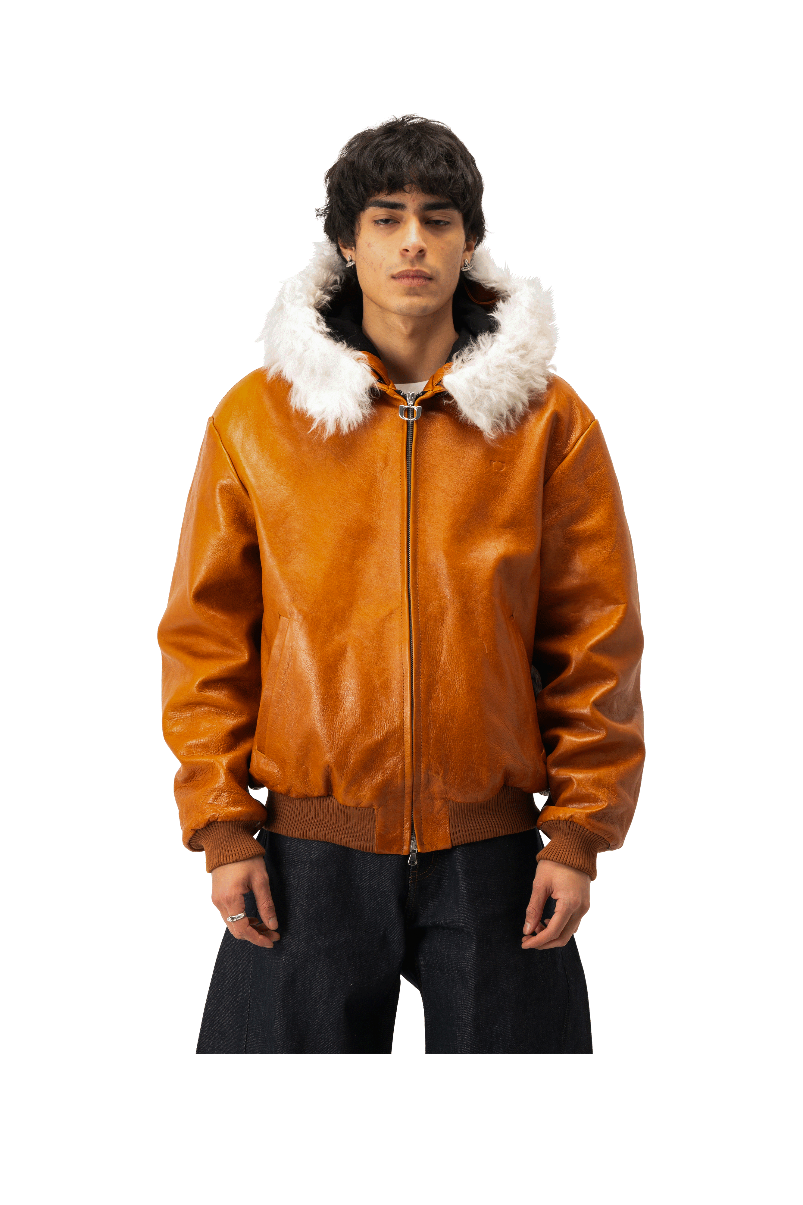 Pull-Up Leather Zip-Up Padded Hoodie