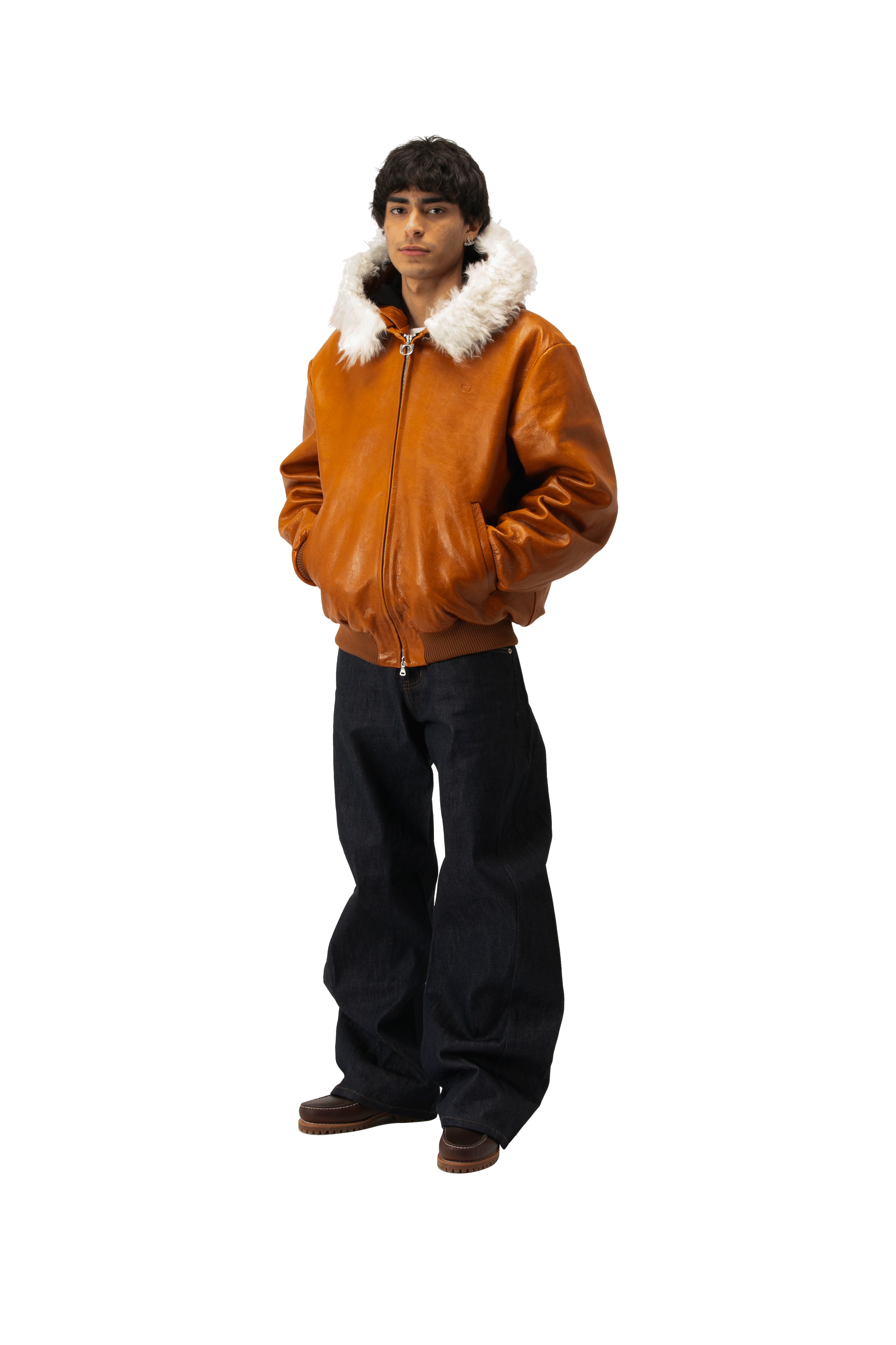 Pull-Up Leather Zip-Up Padded Hoodie