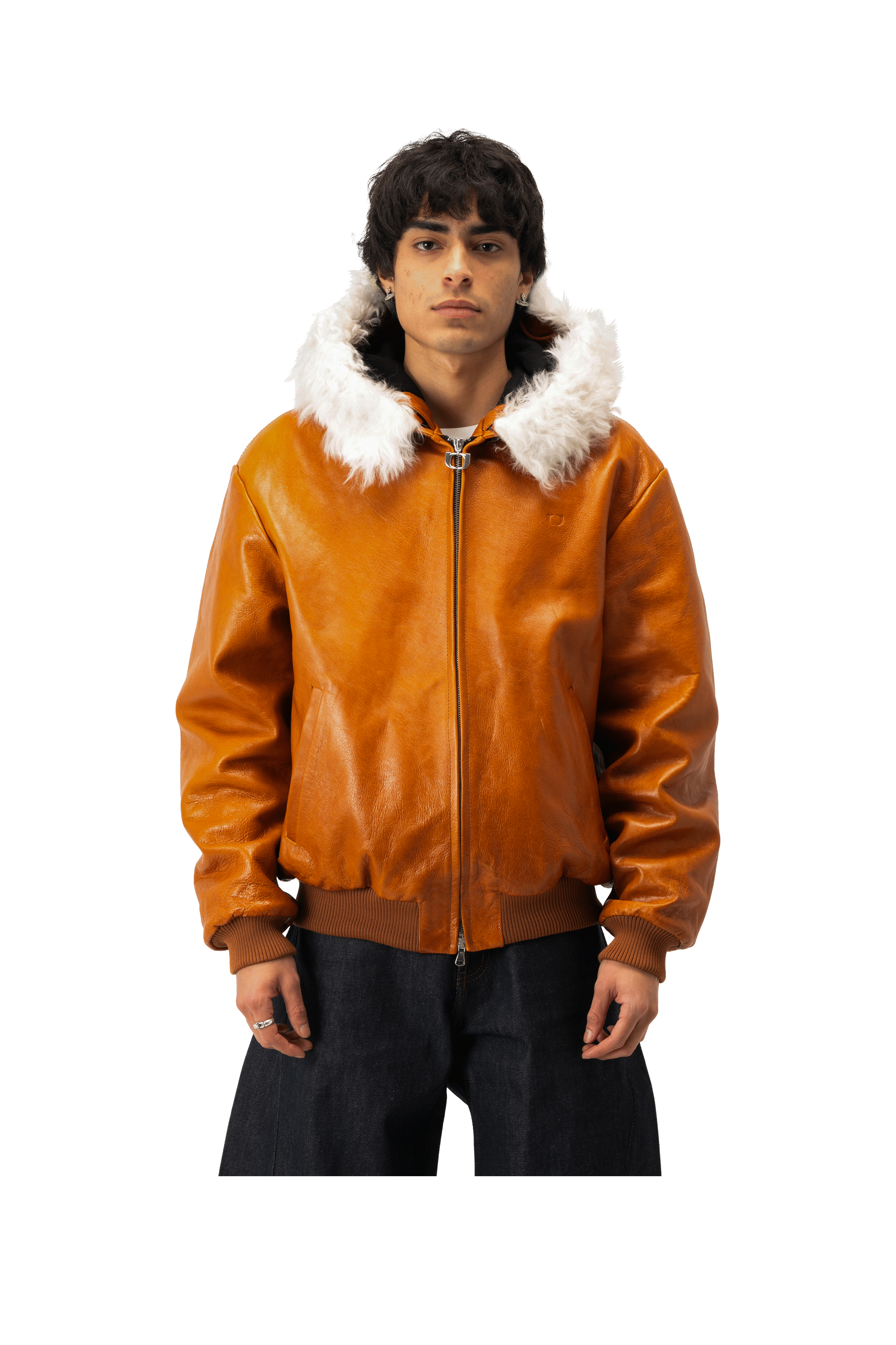 Pull-Up Leather Zip-Up Padded Hoodie