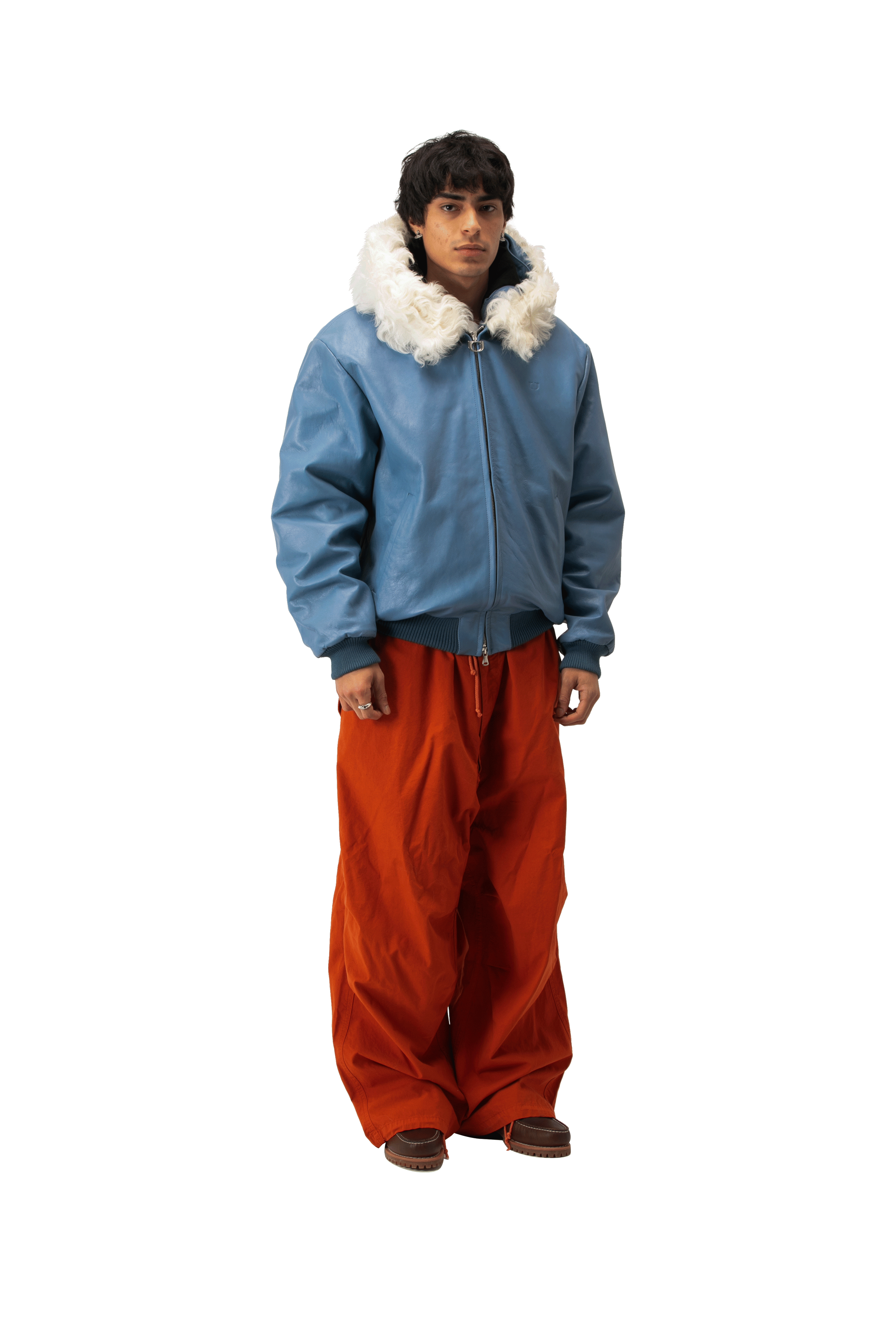 Pull-Up Leather Zip-Up Padded Hoodie