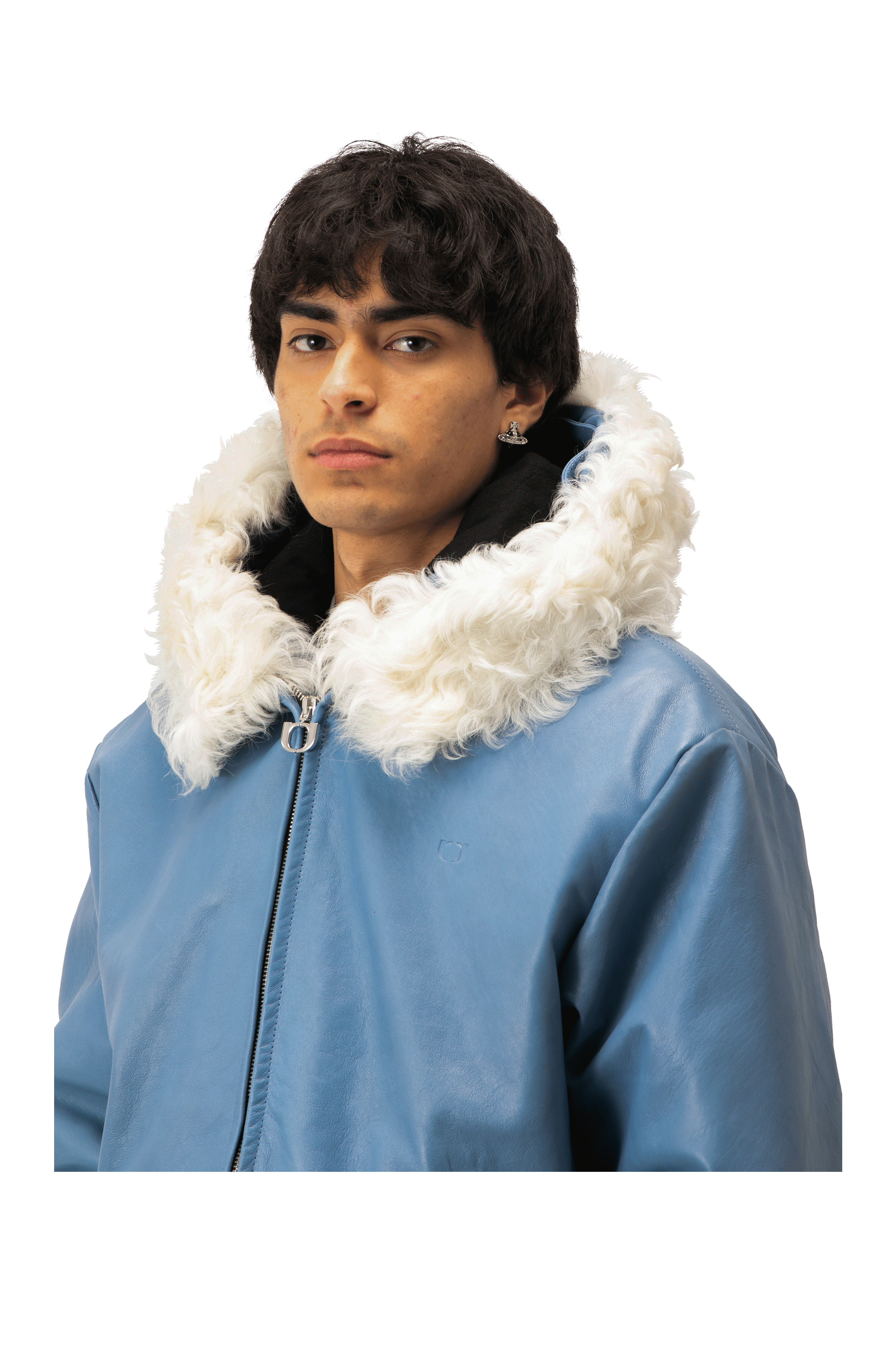 Pull-Up Leather Zip-Up Padded Hoodie