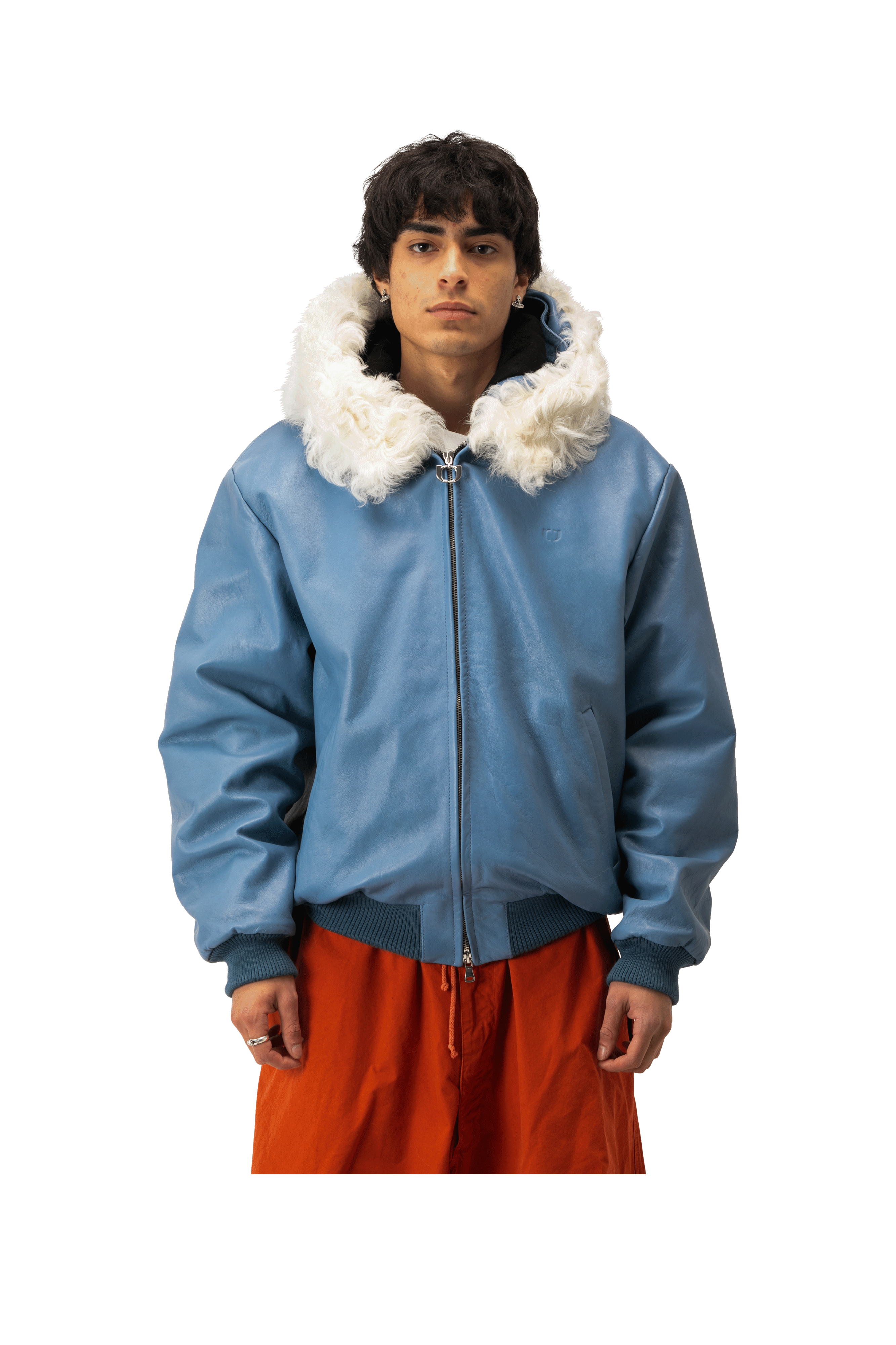 Pull-Up Leather Zip-Up Padded Hoodie