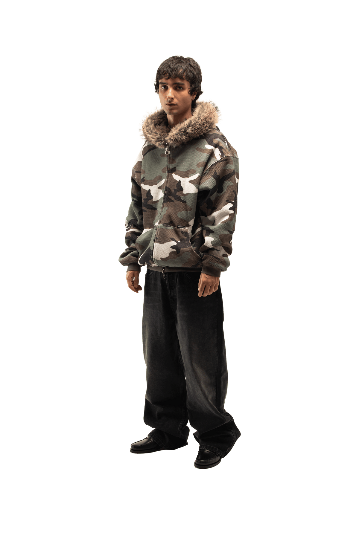 Reversible Camo Waffle Fur Hoodie