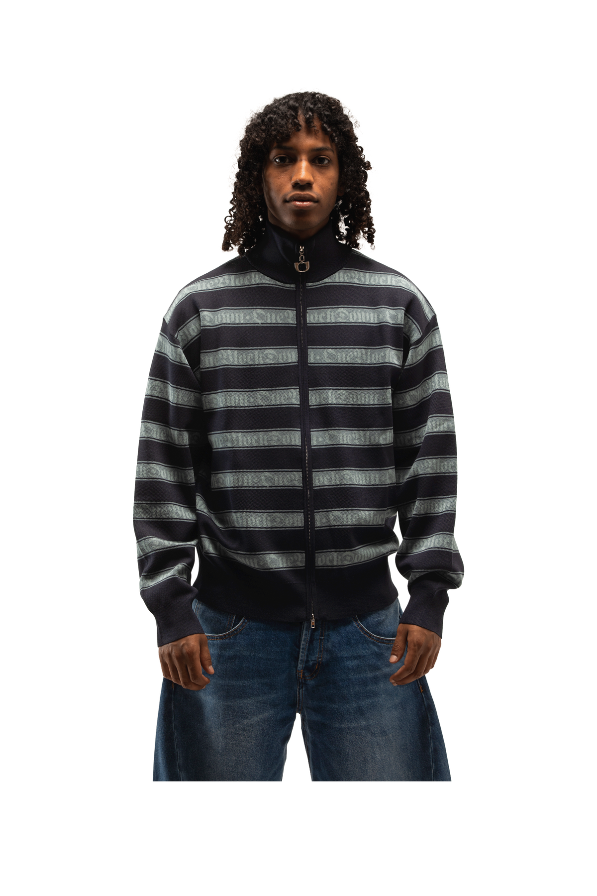 Jacquard Logo Stripe Zip Up Knitted Jacket