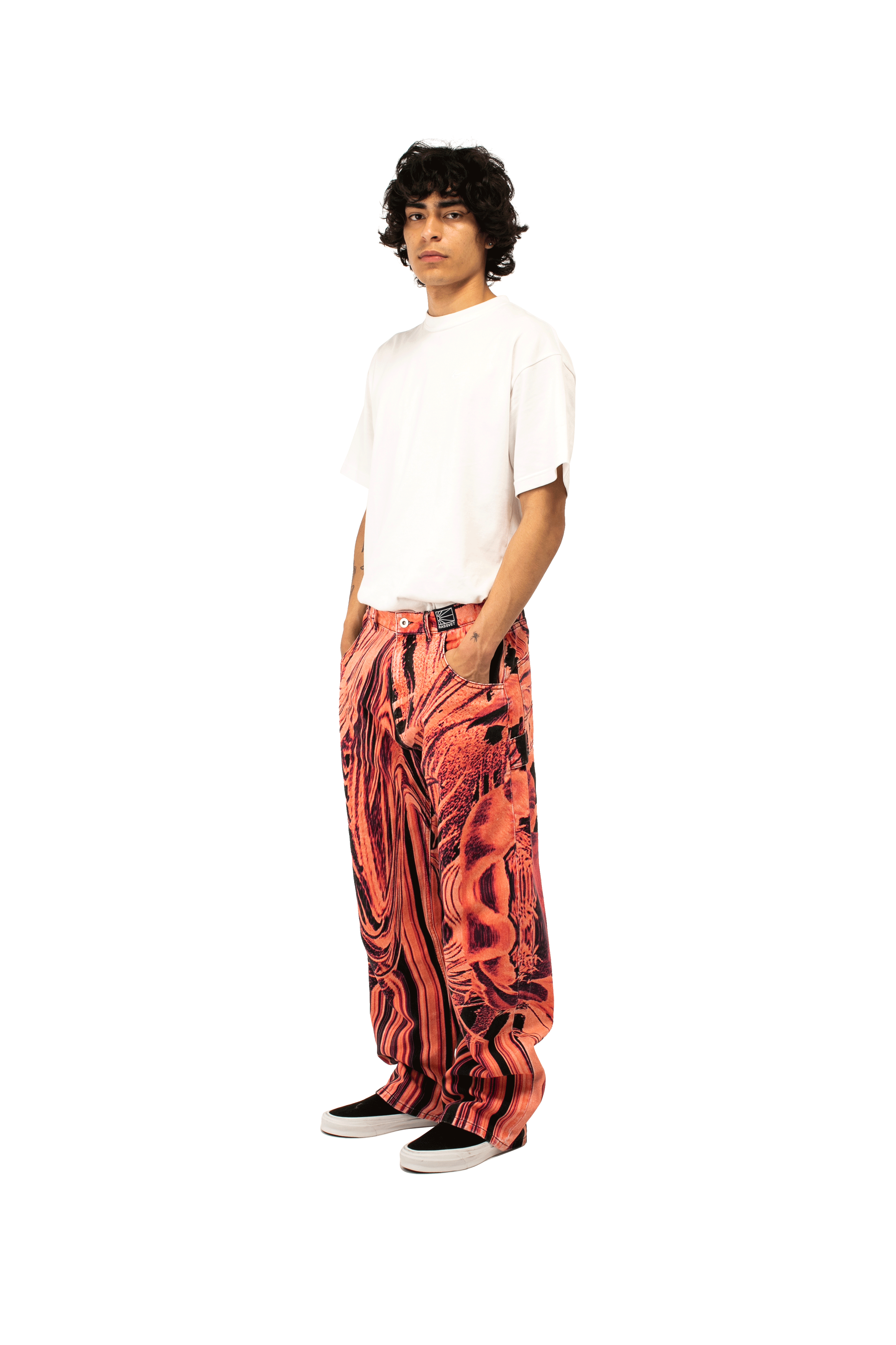 Flower Print Single Knee Baggy Denim Trousers