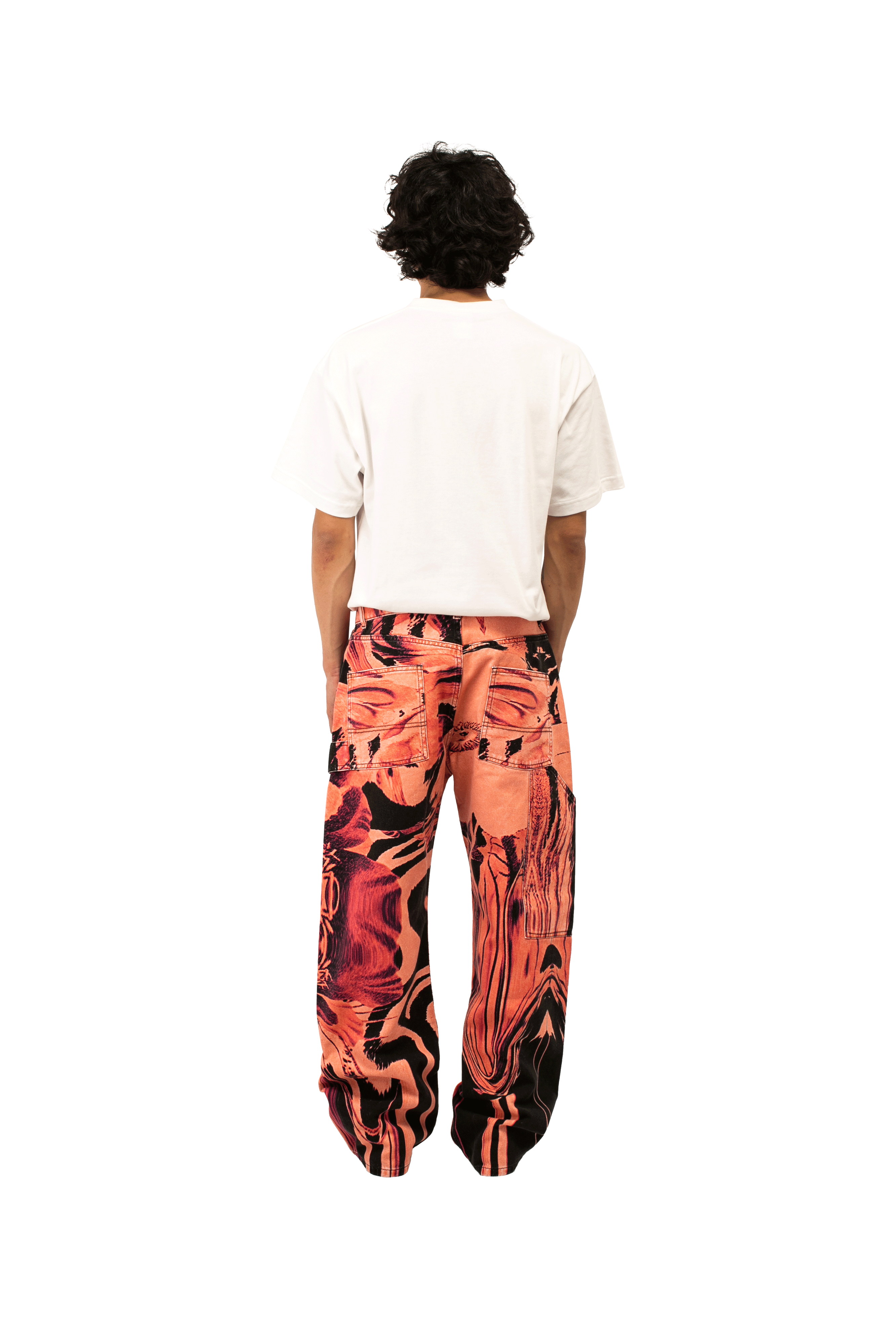 Flower Print Single Knee Baggy Denim Trousers